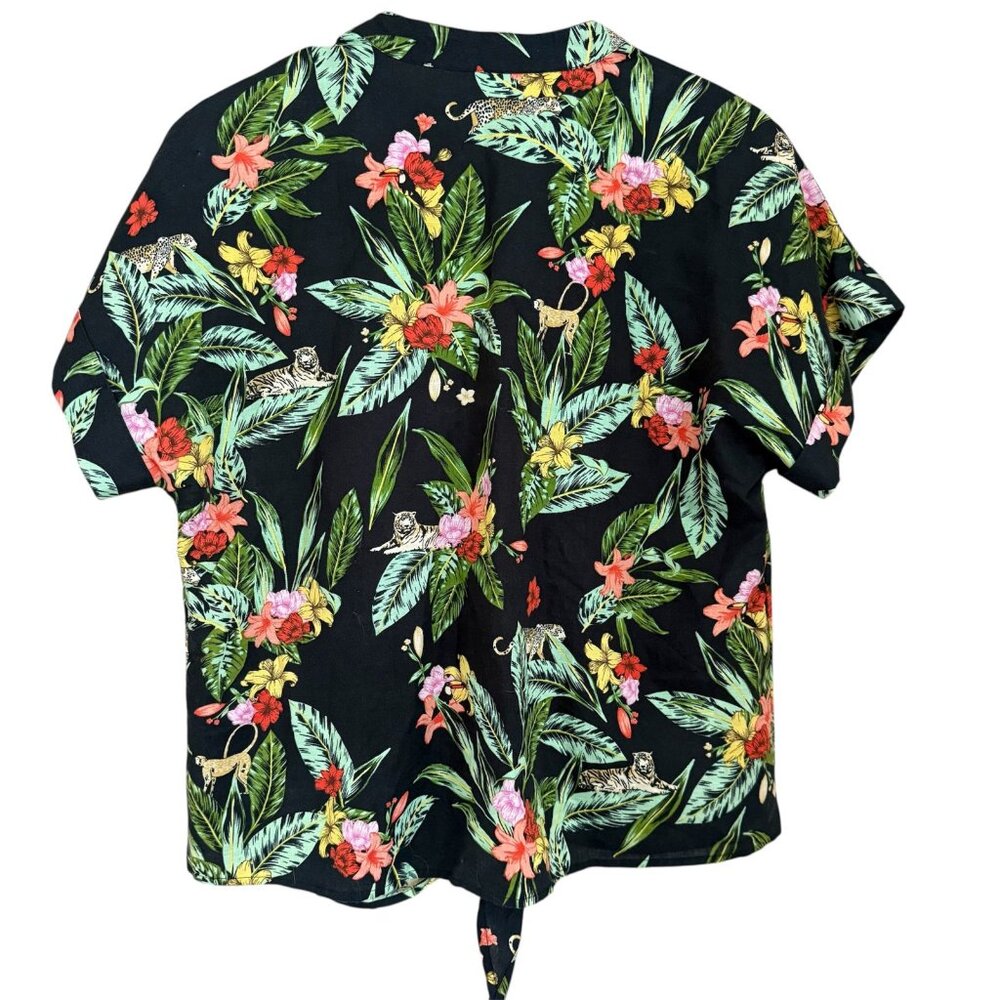 Charter Club Linen Blend Tiger Floral Button Up Top Size M Tropical Island Beach